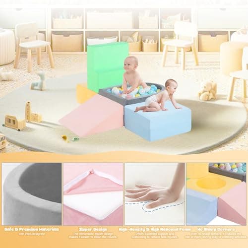 MIND&ACTION Toddler Climbing Toys Indoor, Baby Foam Climbing Blocks with Ball Pit for 1-3 Years Old, 6-Piece Soft Play Set Climbing Blocks, Climb Crawl Activity, Birthday (Balls not Included) - Thumbnail 5