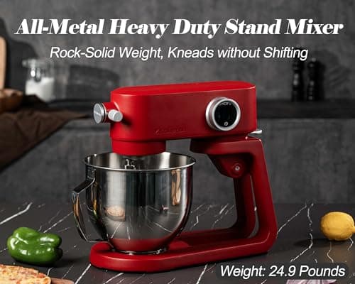 Kraftsman Stand Mixer Heavy Duty - All Metal Kitchen Standing Mixer 5.3 Quart with 4 Stainless Steel Attachments, DC Motor & Multifunctional Power Hub, 8-Speed & Timer, Lower Noise (Red) - Thumbnail 3