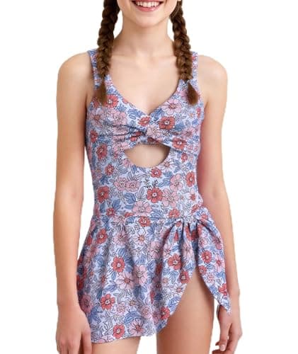 MFAVIP Girls One Piece Swimsuits Floral Bathing Suit for Teens V Neck Ruffle Straps Swimsuit Dress Size 9-16 - Image 1