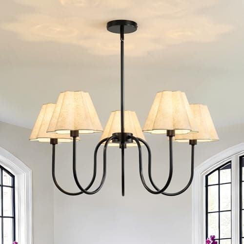 Linour Modern 5-Light Black Chandelier, Large Fabric Shade Dining Room Light Fixture Over Table with Adjustable Downrods, Farmhouse Pendant Lighting for Kitchen Island Living Room Entryway - Image 1