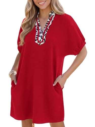 Wenrine Women Summer Shirt Dress Short Batwing Sleeve V Neck Leopard Loose Beach Cover Up Shift Tunic Short Mini Dresses