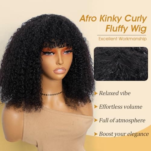 JOEDIR HAIR Human Hair Wig Afro Kinky Curly Fluffy Wig for Black Women Wear and Go Wig with Bangs Glueless Wigs 250% Density (NATURAL, 14 inch) - Thumbnail 2