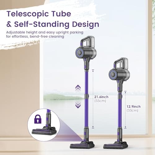 Suirviz Cordless Vacuum Cleaner, 40KPA/500W/35Mins, Powerful Suction with Green LED Dust Detection, Stick Vacuum Self-Standing, Lightweight Handheld Vacuum for Pet Hair, Carpet & Hard Floor, Purple - Thumbnail 5