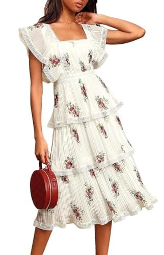 ETCYY Women's Summer Ruffle Maxi Dress Tiered Layed Chiffon Short Sleeve Beach Boho Floral Party Wedding Guest Long Dresses,Floral Rose,Large - Image 1