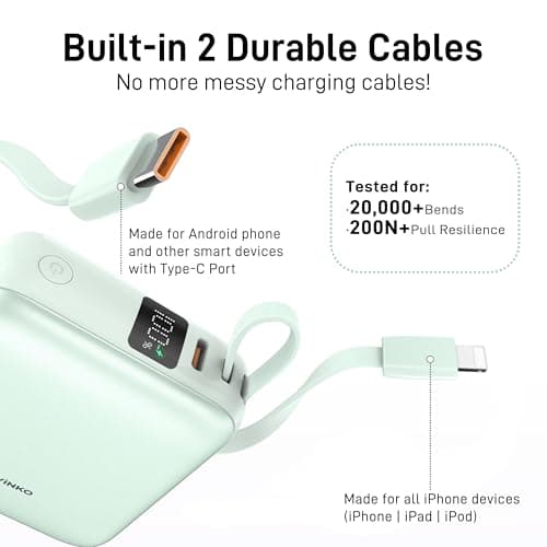 VINKO Small Portable Charger, 22.5W Fast Charging Mini Power Bank 10000mAh with Built-in Cables LED Display, Travel Essential USB-C Battery Pack Compatible with iPhone,Samsung,Android (Green) - Thumbnail 4