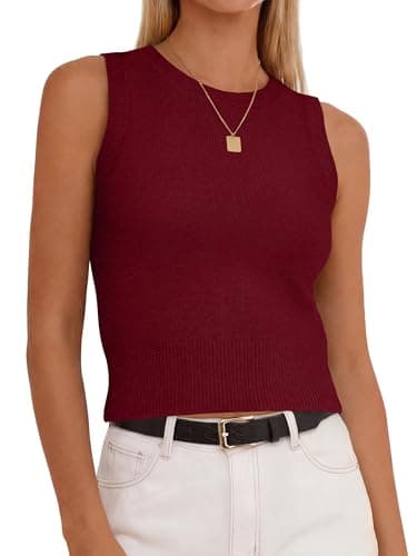 ANRABESS Women’s Tank Tops,Wool Blend Soft Summer Cropped Sweaters,Fitted Sleeveless Business Casual Shirts for Travel Work Wine Red Large - Image 1