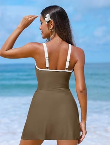 ZAFUL Women Tummy Control Swimsuits One Piece Swimdress with Skirt Slimming Swim Suits for Women 2026 One Piece Bathing Suit Brown M - Thumbnail 3