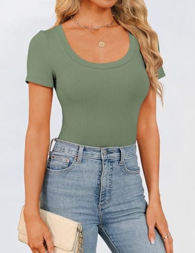 GKBK Womens Short Sleeve Tops Scoop Neck Ribbed Slim Fitted Tight Layering Top Basic Tee Shirts Cute Summer Tops Casual Spring Outfits 2026 Trendy Light Green - Thumbnail 5
