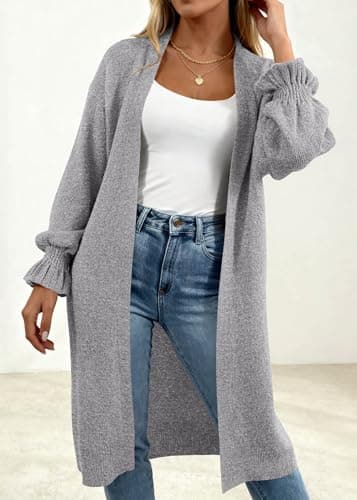 KIRUNDO Long Cardigan Sweaters for Women 2026 Spring Casual Oversized Ruffle Long Sleeve Open Front Chunky Knit Sweater Coats(Grey, Large) - Thumbnail 3
