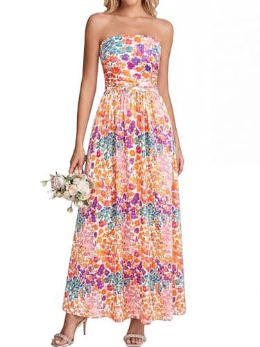 BTFBM Summer Maxi Dresses for Women 2026 Strapless Tube Top Floral Spring Wedding Guest Dress Beach Vacation Outfits(Floral White, XX-Large) - Image 1