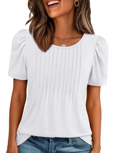 ATHMILE Womens T Shirts Loose Fit Short Sleeve Summer Tops Pleated Dressy Casual Blouses Spring Clothes Beach Vacation 2026 White - Image 1