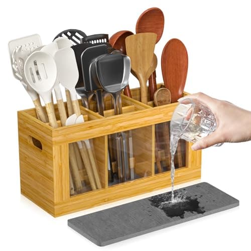 Yofidra Bamboo Utensil Holder & Silverware Organizer: Extra Large Cooking Holder with Absorbing Drying Stone and 6 Compartments Kitchen Countertop Storage Farmhouse Decor Accessories 11.8"X4.7"X5.9" - Image 1