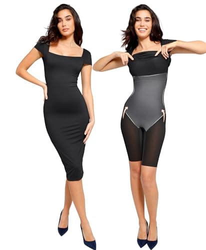 Popilush Shapewear Dress Low Back Midi Dress with Build in Shapewear Short Sleeve Casual Summer Dress for 2025 Trending - Image 1