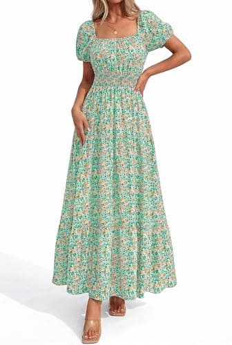 BTFBM Summer Dress for Women 2026 Spring Floral Short Sleeve Casual Flowy A-Line Smocked Tiered Maxi Dresses Pockets(Floral Green, X-Large) - Thumbnail 6