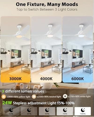 Vaczon 52 Inch White Ceiling Fans with Lights and Remote, Modern White Ceiling Fan with Light, Indoor & Outdoor Ceiling Fan for Bedroom Living Room Patio with 3CCT Dimmable, Quiet DC Motor, 6 Speeds - Thumbnail 3