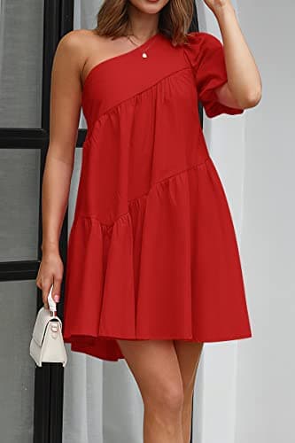 KIRUNDO Summer One Shoulder Mini Baby Doll Dresses Women 2026 Casual Puff Sleeve Loose Tiered A Line Flowy Short Dress(Red, XX-Large) - Thumbnail 2