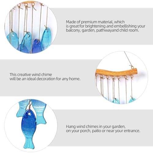 Wind Chimes Blue Glass Sea, Garden Wind Chime for Home, Beach Party, Festival Decor, Glass Garden Patio Yard Porch Decoration Indoor/Outside, Lifelike Fish Style - Thumbnail 3