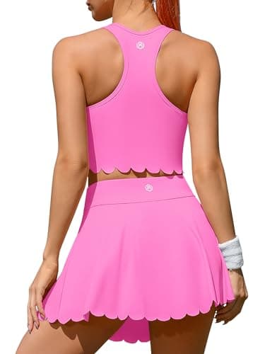 ATTRACO Hot Pink Tennis Outfits Scalloped Golf Dress Tennis Skirt Set for Women with Pockets M - Thumbnail 2
