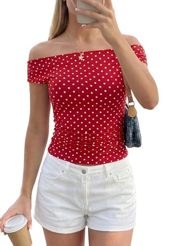 PRETTYGARDEN Womens Off The Shoulder Tops 2026 Summer Y2K Clothes Going Out Shirts Ruched Tank Top Date Night Outfits (Polka Dot Red White,Large) - Image 1