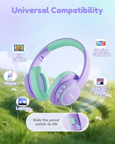 acer Kids Bluetooth Headphones, Over Ear Headphone for Kids with Mic, 75H Playtime, 85dBA Safe Volume, Bluetooth 6.0, USB C Fast Charging, Toddler Headphones for iPad/Tablet/Travel/School-Purple Green - Thumbnail 6