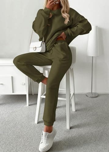 KIRUNDO Sweatsuits Women 2 Piece Outfit Matching Workout Lounge Sets Spring Fall Clothing Tracksuit Airport Travel Outfits(Army Green,Small) - Thumbnail 2