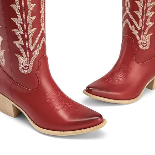 Athlefit Red Cowgirl Boots Women Cowboy Western Knee High Comfortable Slip On Low Chunky Heel Square Toe Retro Embroidered Party Concert Tall Boots Red Size 5.5 - Thumbnail 5