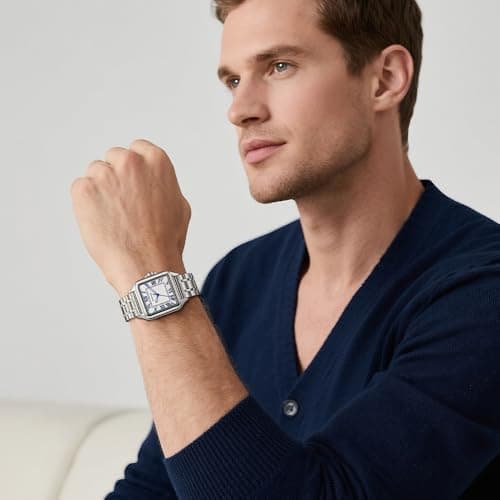 KNISKRED Classic Square Watch for Men with Vintage Roman Numeral and Solid Stainless Steel Band (Silver Blue) - Thumbnail 4
