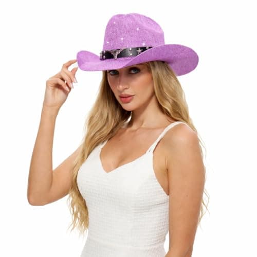 Sequin Cowboy Hat for Men & Women – Sparkly Cowgirl Hat with Thread Detail, Stylish Cowboy Hat Men Love for Parties, Festivals & Western Outfits - Purple - Image 1