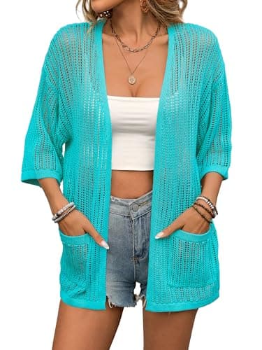 BB&KK Lightweight Summer Crochet Cardigan for Women 3/4 Sleeve Open Front Sheer Knit Boho Kimono Cardigans with Pockets Blue M - Image 1