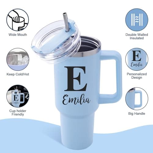 Elemtansy Personalized 40 Oz Tumbler with Handle and Straw, Custom Cup with Name & Birth Flower, Stainless Steel Travel Coffee Tumbler,Personalized Mothers Day Birthday Gifts for Women, Teen Girls - Thumbnail 4