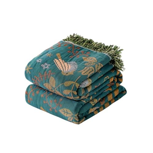 Qncssk Boho Throw Blanket for Bed Couch- 90x90 Inch Spring Blanket 100% Cotton Muslin Cozy Reversible Lightweight Quilt All-Season for Sofa & Bedroom Washable Floral Bird Decor Blankets - Image 1