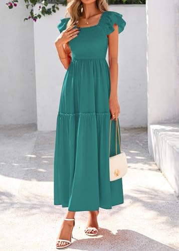 KIRUNDO Smocked Summer Dresses for Women 2026 Wedding Guest Midi Flowy Ruffle Short Sleeve Square Neck Tiered Sundress(Blue Green, X-Large) - Thumbnail 4