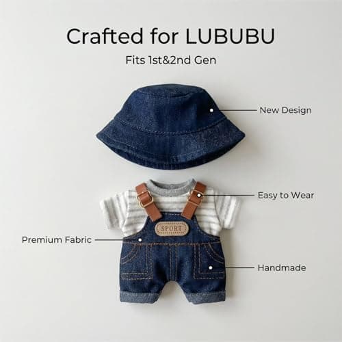 BLISSWEAVE Doll Clothes Set, 3-Piece Outfit with Denim Overalls, Bucket Hat, Striped T-Shirt, Fits 15-17 cm Dolls - Thumbnail 3