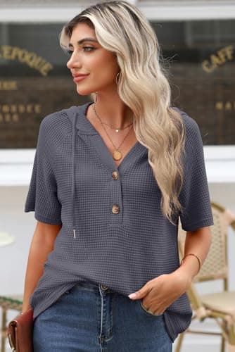 Dokotoo Womens Summer Tops Button Up V Neck Short Sleeve Shirts for Women Drawstring Hoodie Sweatshirts Casual Loose Blouses Lightweight Waffle Knit Fashion Outfits Trendy Clothing Dark Grey X-Large - Thumbnail 4