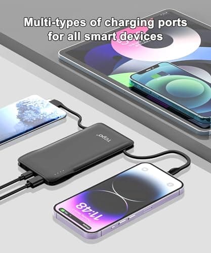 TG90° Portable Charger with Cords Only 10000mAh Power Bank with Built in Cables(No Plug) Battery Backup Cell Phone External Battery Pack Compatible with iPhone 17 16 15 14 13 12 Samsung Google iPad - Thumbnail 3