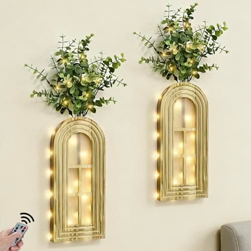 HOMECOR Hanging Wooden Vase Wall Decor - Set of 2, Brown Finish Boho & Modern Farmhouse Decor with Fairy Lights & Artificial Plants, Wall Art for Living Room, Bedroom, Bathroom Home Decor Gift Idea - Image 1