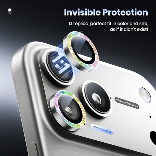 Hoerrye for iPhone 17 Pro Max/17 Pro Camera Lens Protector - [Top 9H+ Tempered Glass - 12FT Military Grade] HD Camera Screen Protector Cover Accessories Case Friendly,Bling Silver - Thumbnail 4