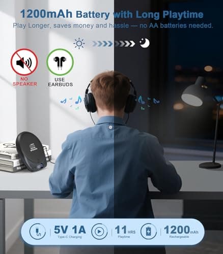 Portable CD Player with Headphones, Rechargeable Discman CD Player for Car & Home, Small CD Players Portable with 60s Anti-Skip, Supports CD/MP3/WMA/TF Card/AUX, Backlit/Lock/Programmable/Timer - Thumbnail 4