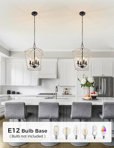 L LOHAS LED Oak White Farmhouse Chandelier, Industrial 4-Light Lantern Light, Dining Room Lighting Fixtures, Adjustable Height Metal Cage, Kitchen Island, Entryway, E12 - Thumbnail 3