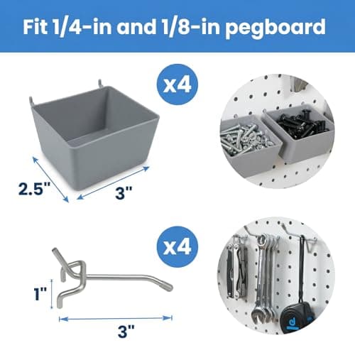 Qokylind Pegboard Bins and Hooks Set, 4 Pack Open Front Storage Bins with 2 Inch Hooks, Fits 1/4" & 1/8" Pegboard, Heavy Duty Small Parts Organizer for Screws Nails Tools, Garage Workshop Wall Storage - Thumbnail 6