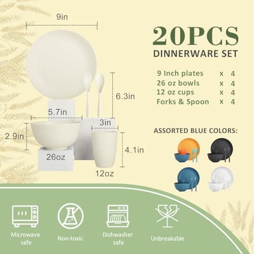 Wrova Wheat Straw Dinnerware Sets of 20,Dishwasher Safe Kitchen Plates and Bowls Sets,Camping Dishes Sets Contains Dinner Plates,Cereal Bowls,Drinking Cups and Flatware.(Beige) - Thumbnail 2