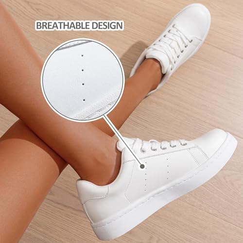 Vepose Women's White Fashion Casual Sneakers, Laces Trendy Sneakers Low Platform with PU Leather, Full White, Size 10 US - Comfortable Walking Shoes (CJY8002 White 10) - Thumbnail 6