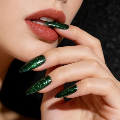 Green Cat Eye Press on Nails Almond Medium Fake Nails Sparkly Glitter Black False Nails Press ons Designs Gradient Gel Glue on Artificial Nails for Women Manicure 30Pcs - Thumbnail 3