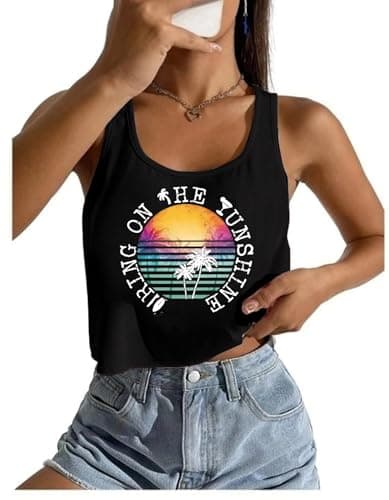 Eatbook Hawaiian Beach Crop Tank Tops Women Casual Vacation Beach Tank Tops Outfits Summer Palm Tree Graphic Tees Vest - Image 1
