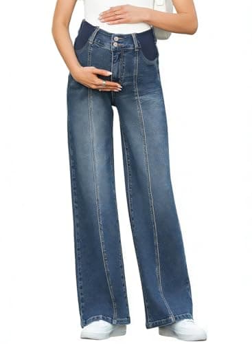 BLENCOT Maternity Jeans for Women High Waisted Wide Leg Stretchy Seamed Front Denim Pregnancy Pants with Side Panel Dark Blue X-Large - Image 1