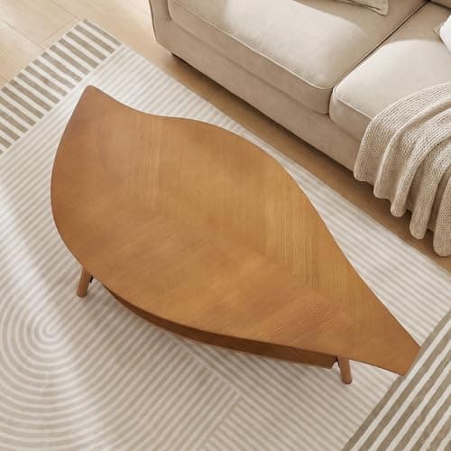 DURISEN Small Coffee Table with Storage,Unique Leaf Handcrafted Marquetry,Mid Century Modern Oval Wooden Coffee Table,Natural Oak Veneer, Solid Wood Legs,for Living Room,Apartment(Walnut) - Thumbnail 3