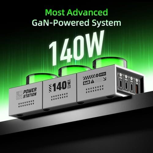 Mfish E-Tank 140W GaN Desktop Charging Station, 7-in-1 Charging Hub with 3 AC Outlets & 4 USB-C Ports (Up to 140W PD 3.1), RGB Desk Power Hub for Gaming Setup, Creator Workstation & Home Office - Thumbnail 2