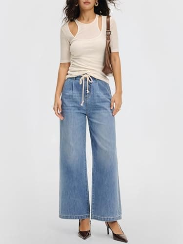 ANRABESS Womens Wide Leg Jeans High Waisted Trendy Drawstring Denim Pants Casual Relaxed Fit Trouser with Pockets Light Blue XX-Large - Thumbnail 6