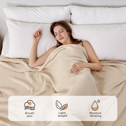 Joydeco 100% Cotton Muslin Throw Blanket for Couch Bed and Sofa, 4-Layer Lightweight and Breathable Soft Gauze Blanket for All Season, Luxury Throws Cotton Blanket Gift(Light Tan, 50"x70") - Thumbnail 2