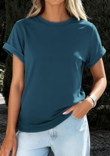 PRETTYGARDEN Womens Summer Tops 2026 Spring Casual Rolled Short Sleeve Basic Tees Crew Neck Work Shirts Fashion Clothing (Dark Blue,X-Large) - Thumbnail 2